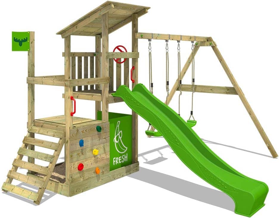 FATMOOSE Spielturm Klettergerüst FruityForest Fun XXL mit Schaukel & apfelgrüner Rutsche, Outdoor Kinder Kletterturm mit Sandkasten, Leiter & Spiel-Zubehör für den Garten