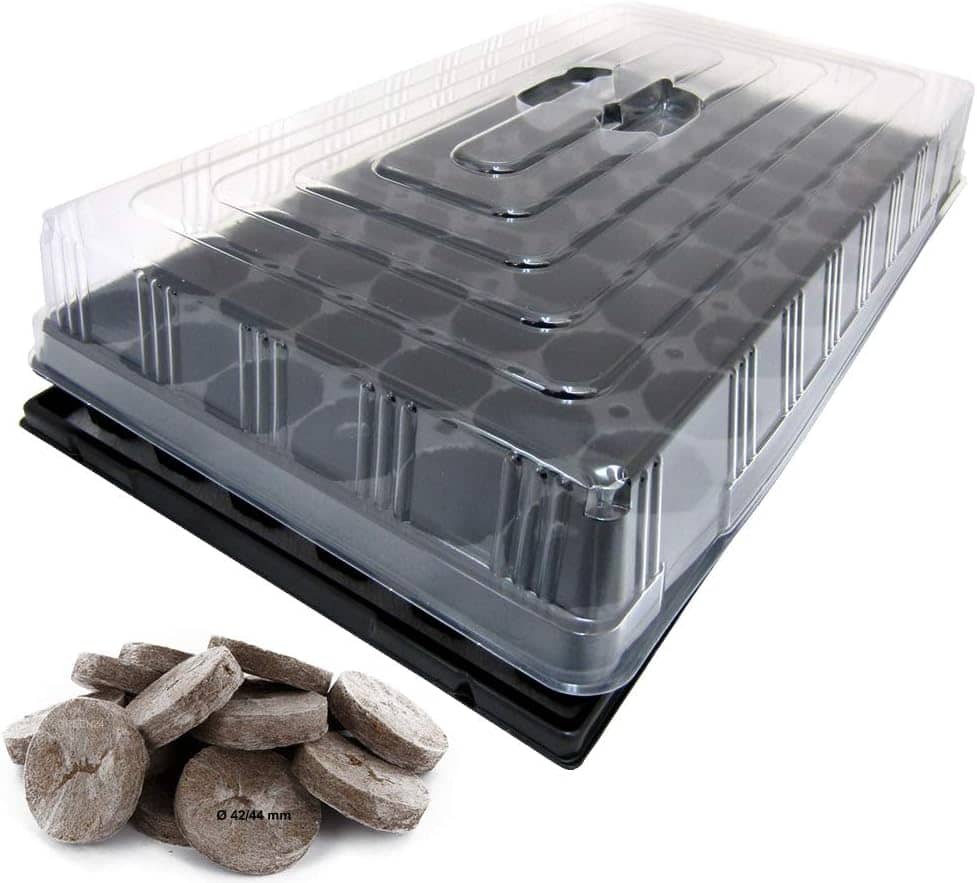 GREEN24 PRO40+ Komplett-Set Zimmer-Gewächshaus Anzuchthaus Hydroponik XL mit Torfquelltöpfen, automatischer Bewässerung, Profi Treibhaus mit Wanne + Kapillarsystem + QP Topfplatte + Haube + Jiffy