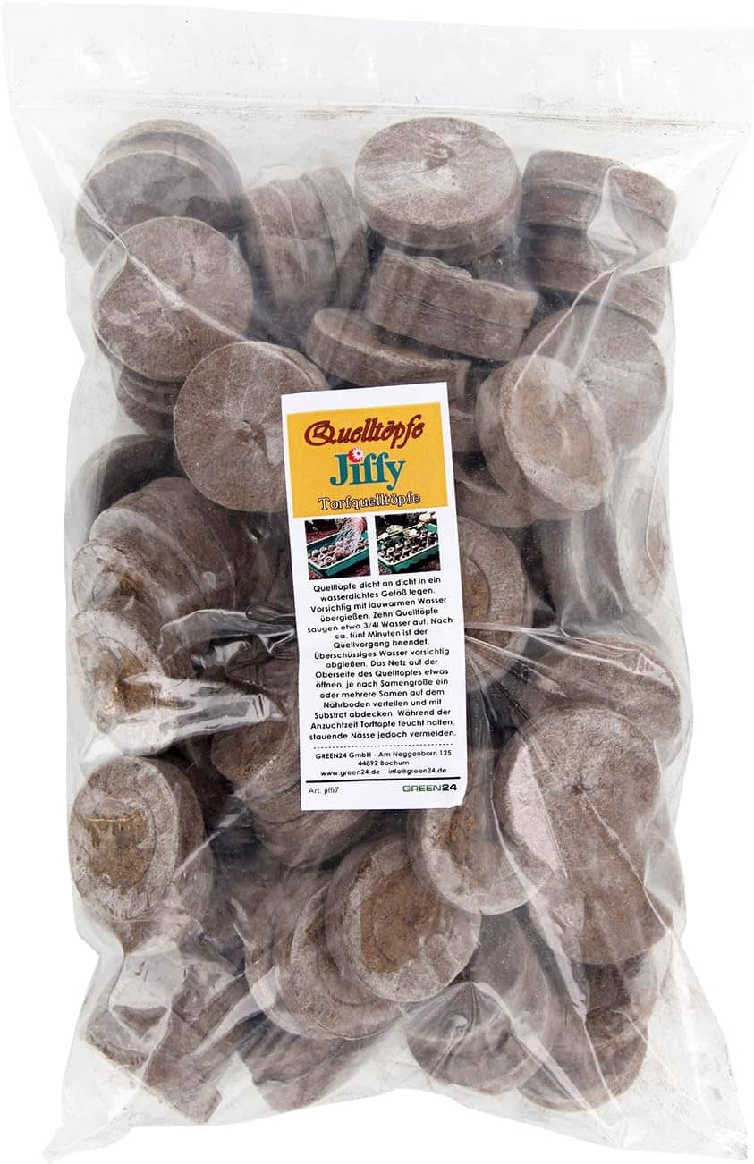 50 St. Jiffy® von GREEN24 Original Quell-Tabletten 44mm Torf-Quelltöpfe Aussaaterde Anzuchterde Torftablette mit Anleitung