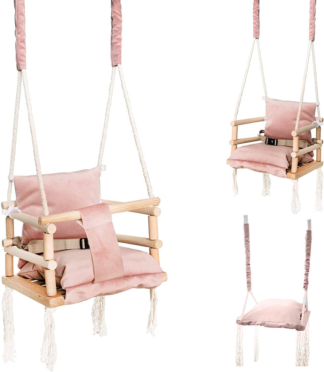 Iso Trade Babyschaukel Kinderschaukel Holz Stoff Babysitz Baby Schaukel zum Aufhängen 3 in 1 Rosa Grau 8336 , Farbe:Rosa