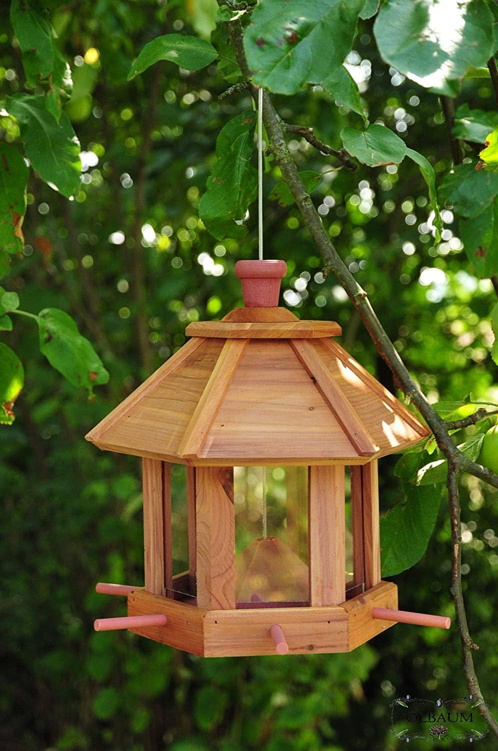 Vogelhaus,großes Holz-Vogelhäuschen, PREMIUM ZEDER wetterfest,mit Silo + LED-Licht, Nistkasten Vöglehus Vogelvilla Futterkasten + 6x Futterstation