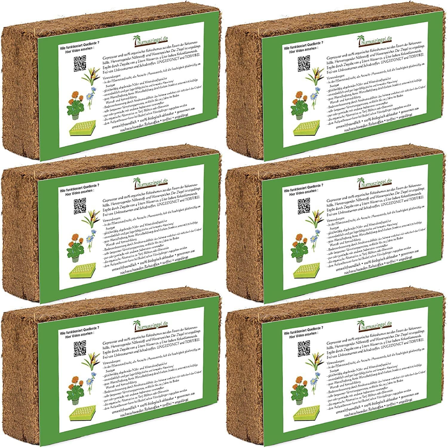 Humusziegel 6 x 650g - 50 L Kokoserde - gepresste Blumenerde aus Kokosfaser