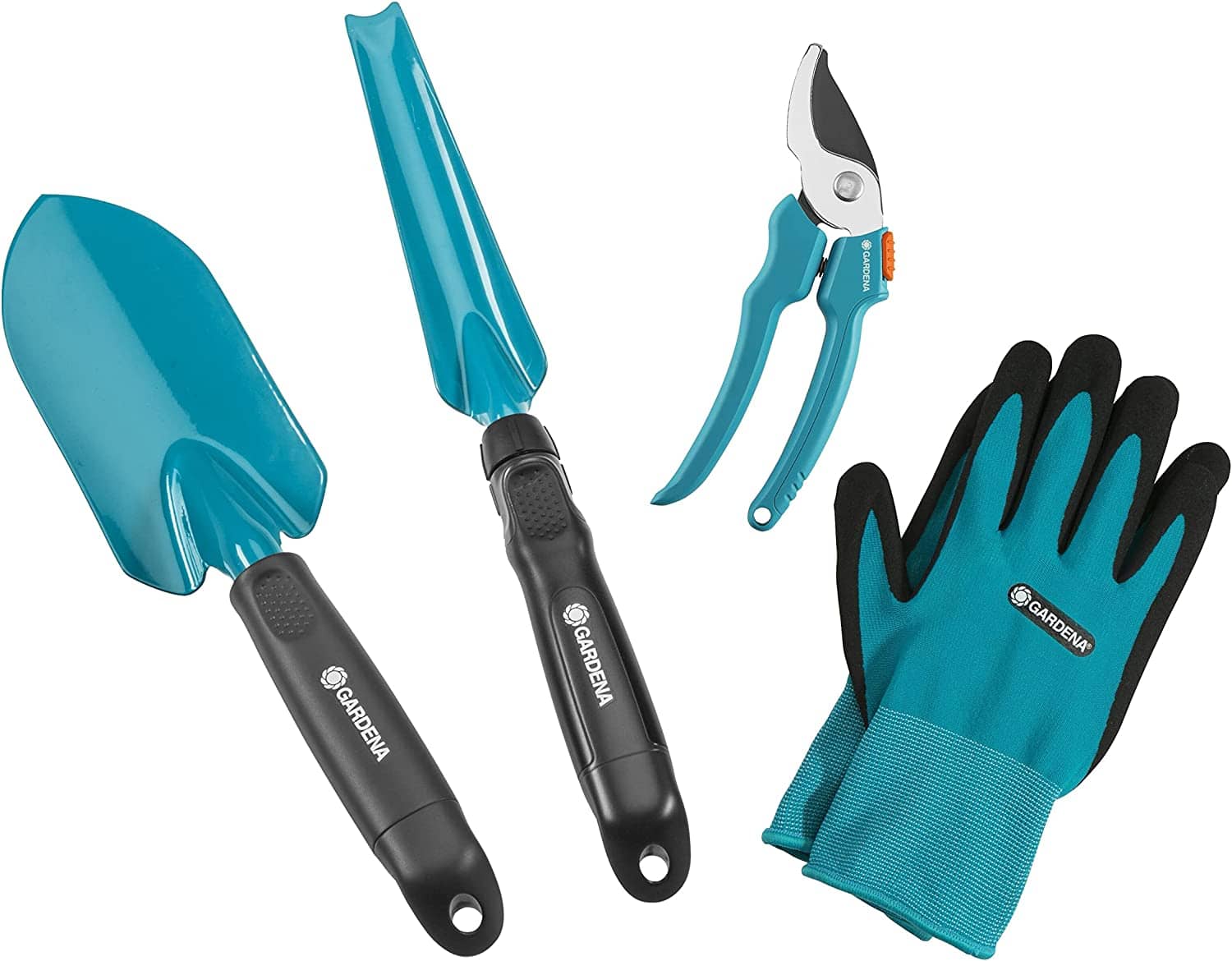 GARDENA Grundausstattung Kleingeräte Aktion: 4-teiliges Gartenset für die Gartenpflege, universelle Gartenschere, stabile Blumenkelle, Unkrautstecher, atmungsaktive Gartenhandschuhe 8/M (8965-30)