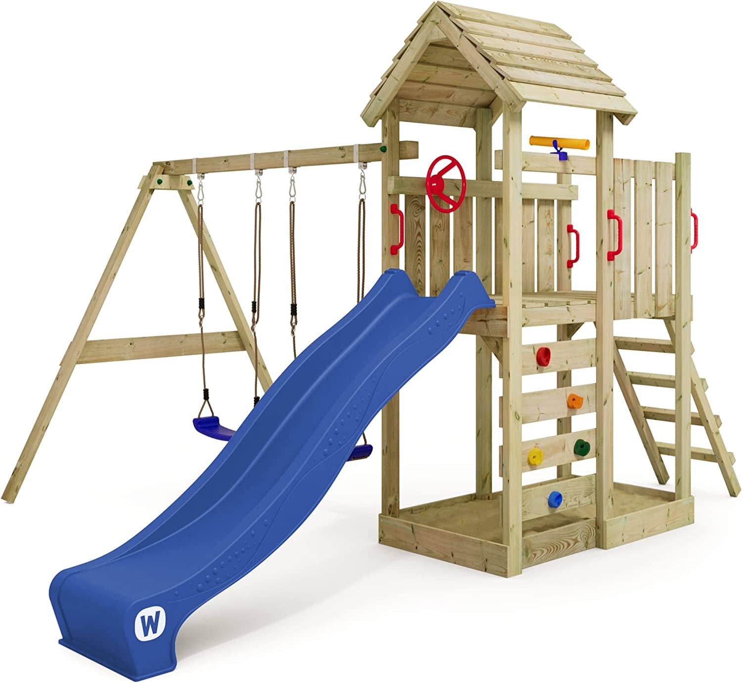 WICKEY Kletterturm MultiFlyer Spielturm mit Holzdach Garten-Spielplatz mit Schaukel und Rutsche, Kletterwand, blaue Rutsche