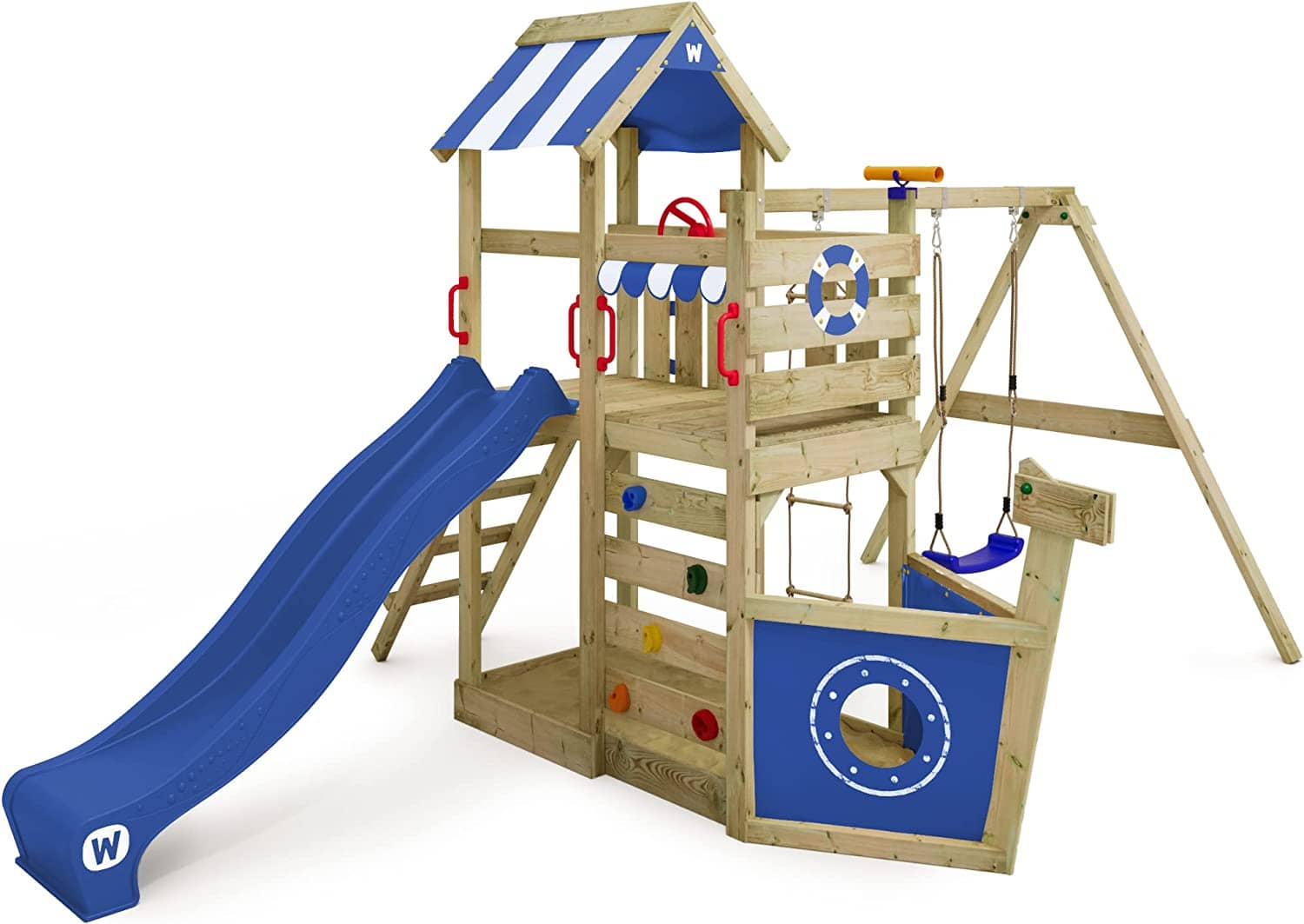WICKEY Spielturm SeaFlyer Spielgerät Garten Kletterturm mit Schaukel, Rutsche und viel Zubehör, blaue Rutsche + blaue Plane