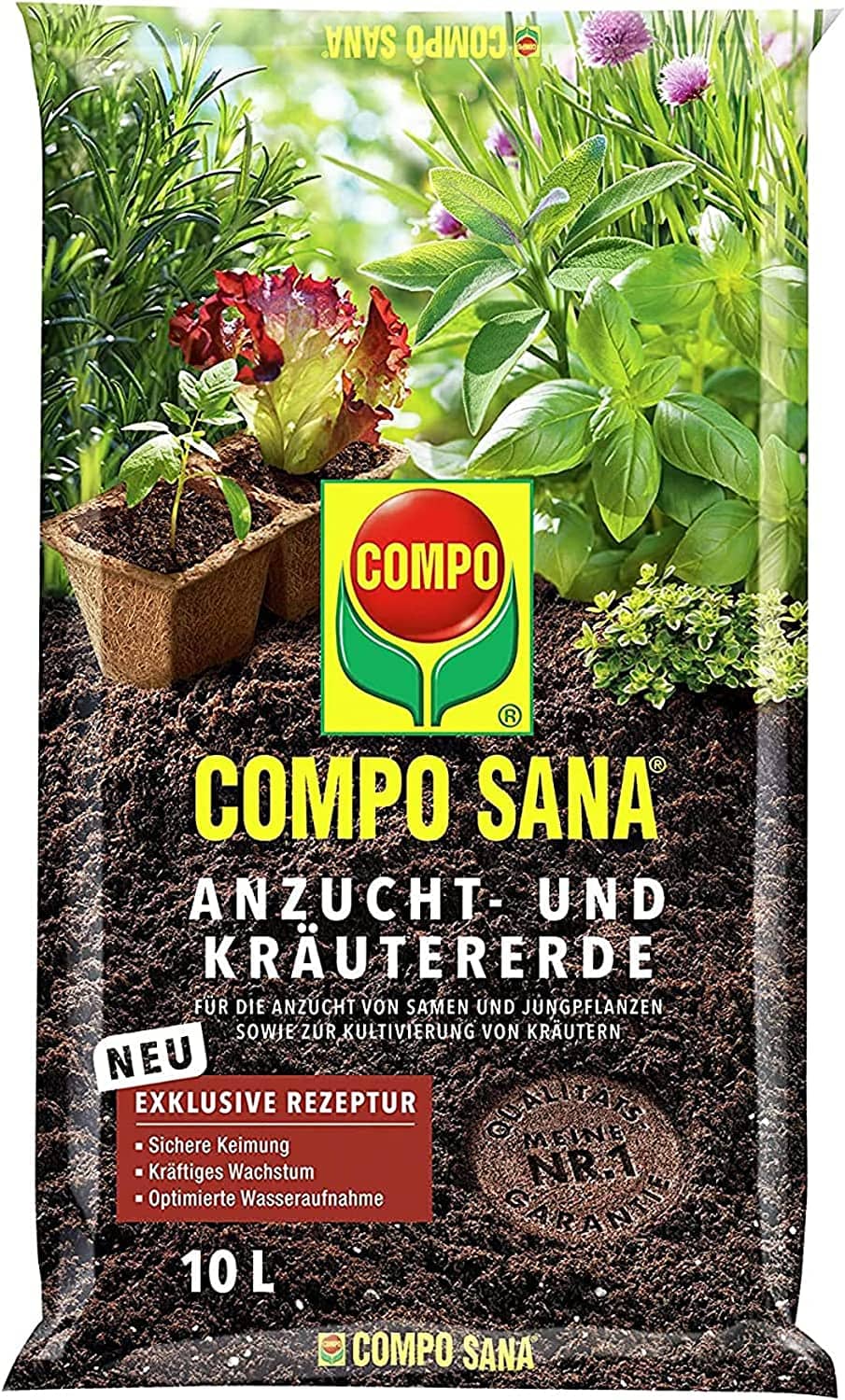 COMPO SANA Anzucht- und Kräutererde mit 6 Wochen Dünger für alle Jung- und Kräuterpflanzen, Kultursubstrat, 10 Liter